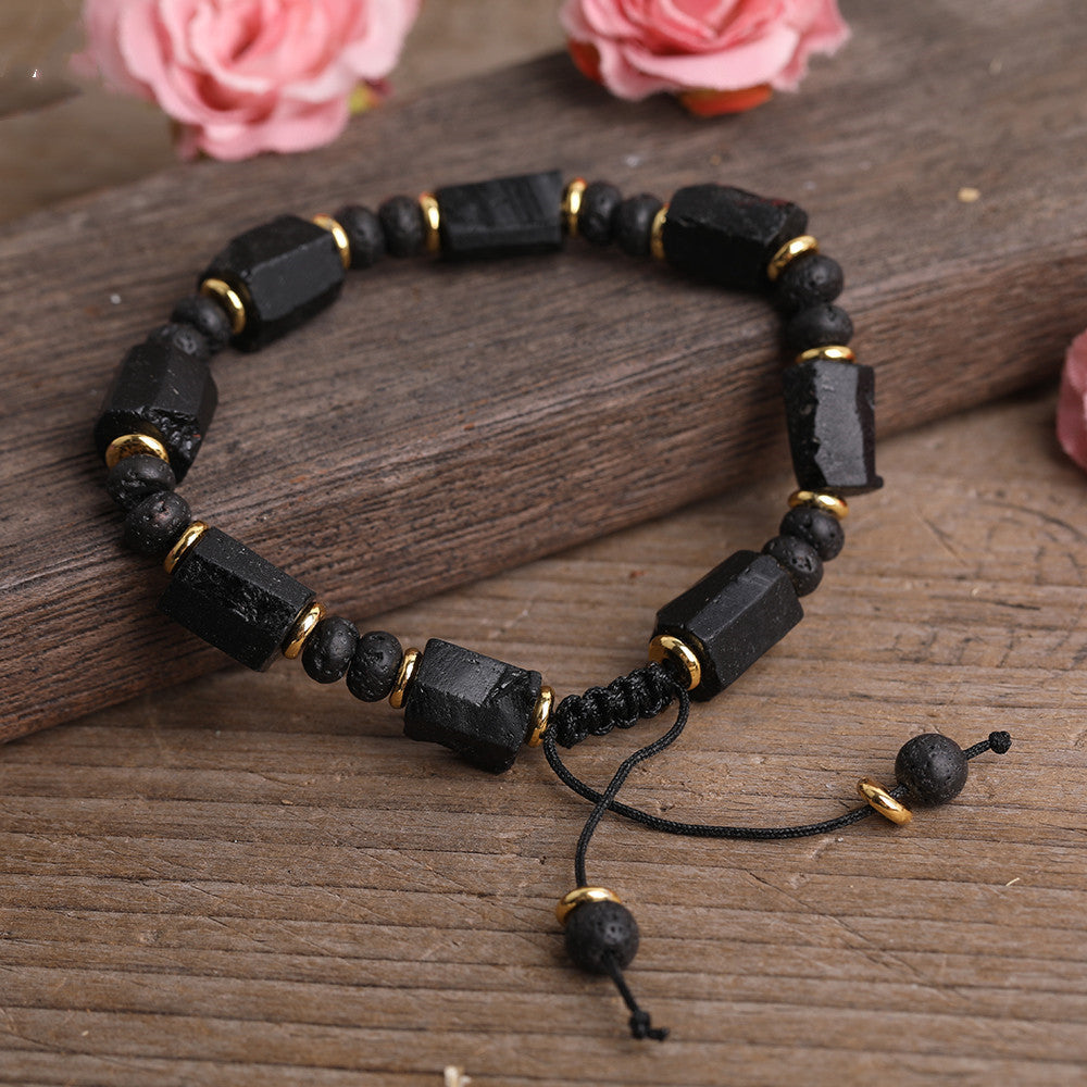 Natural Black Tourmaline Bracelet  Black Lava Beads