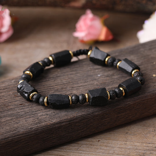Natural Black Tourmaline Bracelet  Black Lava Beads